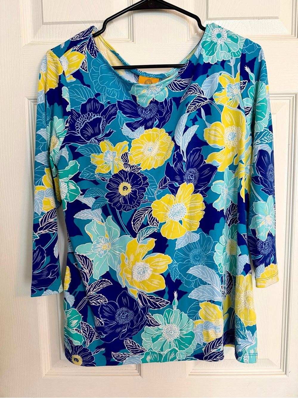Ruby Rd. Blue Floral Long Sleeve Tee with Yellow & Aqua Blooms